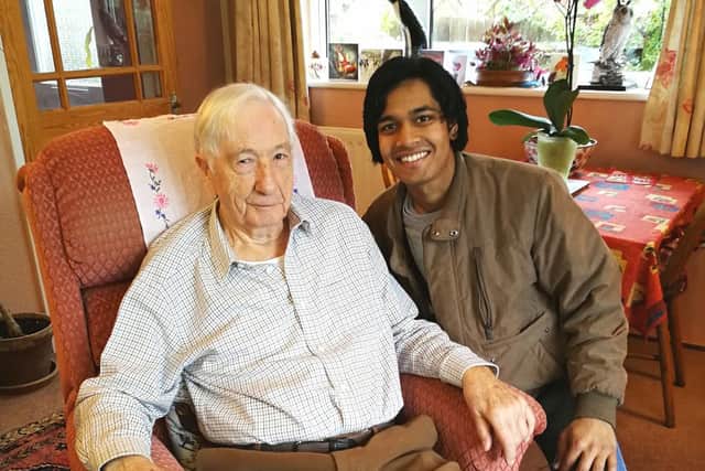 World War Two veteran, 98-year-old Wilfrid Edgar with Rishi Sharma