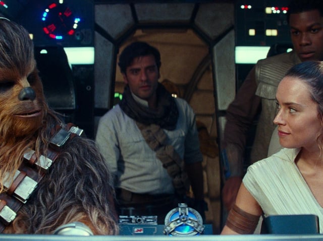 Joonas Suotamo as Chewbacca, Oscar Isaac as Poe Dameron, Daisy Ridley as Rey and John Boyega as Finn