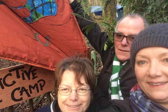 Linda Knights, Frank Mahon and Lindsey Batham outside the HS2 resistance camp in Wendover