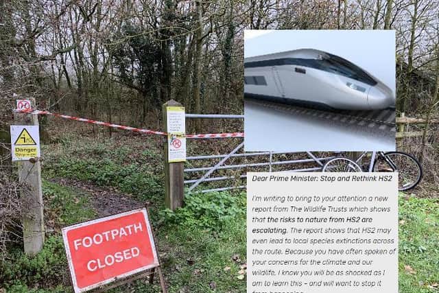 Calvert Jubilee Wildlife Trust Nature Reserve closed after HS2 work began
(Inset: file image of HS2 train and exert from Wildlife Trusts letter to the PM)