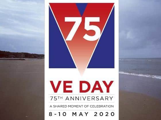 Foreground, VE Day logo. Background, Omaha Beach
