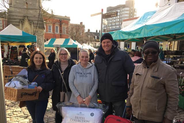 Tamara Donaldson, Councillor Julie Ward and Emma Valentine  joined by market traders Nigel and Dilly