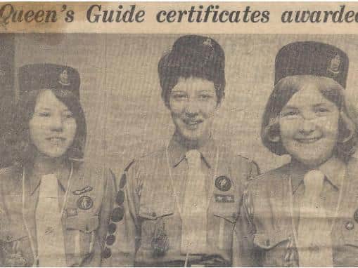 Guides receiving their Queen’s Guide Award in 1967. Pictured left to right,
Jane Manley (nee Rowles), Jane Richards & Bronwen Griffiths.