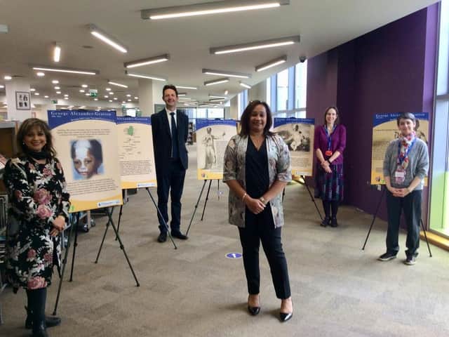 Launch of the Black History Month exhibition at High Wycombe Library. From left to right, Councillor Mimi Harker OBE, Cabinet Member for Communities and Public Health Gareth Williams, Chief Executive of SV2G Jacqueline Roberts, Buckinghamshire Libraries area managers Laura Davies and Micheline Katts.