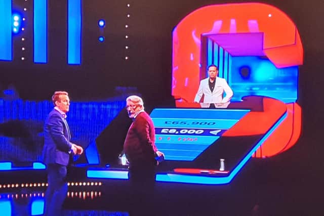 Geoff alongside host Bradley Walsh takes on Chaser Paul Sinha
