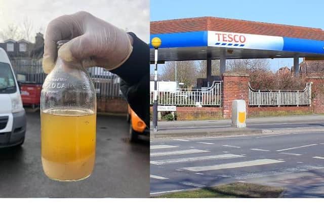 Left: Water contaminated fuel taken from Mr Mitchell's car. Right: Tring Road Tesco