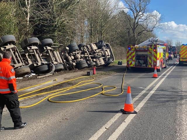 A tanker lorry that was carrying more than 20,000 litres of milk overturned in a ditch on the A413 near Adstock last Friday 6 March.