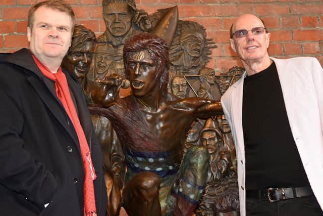 David Stopps with Rob Stringer at the launch of Aylesbury's David Bowie statue