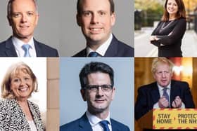 L to R  Rob Butler (Aylesbury), Greg Smith (Buckingham), Joy Morrissey (Beaconsfield), MPs Dame Cheryl Gillan (Chesham and Amersham), Steve Baker (Wycombe) and Prime Minister Boris Johnson