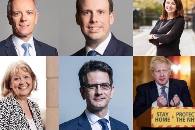 L to R  Rob Butler (Aylesbury), Greg Smith (Buckingham), Joy Morrissey (Beaconsfield), MPs Dame Cheryl Gillan (Chesham and Amersham), Steve Baker (Wycombe) and Prime Minister Boris Johnson