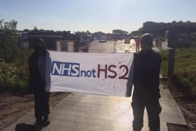 NHS not HS2 banner at protest in Steeple Claydon on Thursday