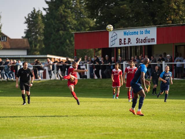 Kieron Schmidt strikes his wondergoal from about 35 yards for Risborough Rangers (Picture by Charlie Carter)