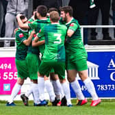 Goal celebrations for Aylesbury United after Ty Deacon scored in just 15 seconds (PICTURES BY MIKE SNELL)