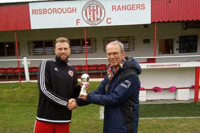 Risborough Rangers were the league’s Team of the Month for September. Captain Joel Read received the award from Tony Weight the Spartan South Midlands League Vice Chairman   (Picture by Steve Burnett)