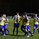 Aylesbury Vale Dynamos Development celebrate scoring against Slough Town  PICTURES BY IAIN WILLCOCKS