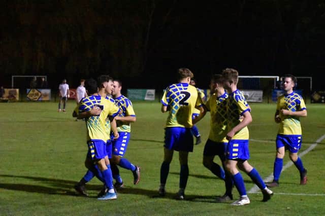 Aylesbury Vale Dynamos Development celebrate scoring against Slough Town PICTURES BY IAIN WILLCOCKS