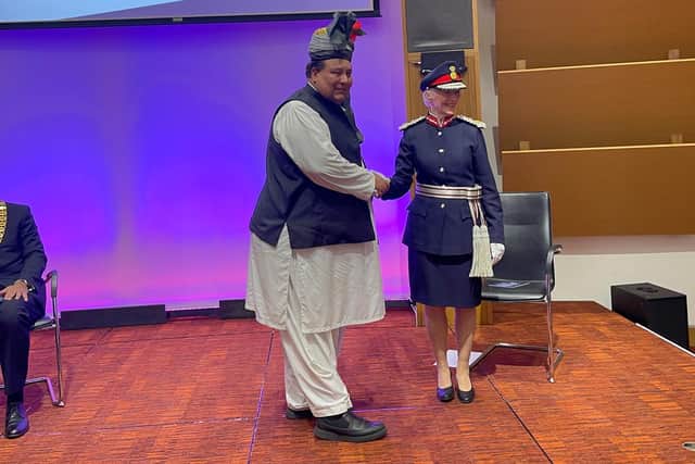 Mr Raj Khan was presented with the British Medal Medal by Countess Howe, Lord Lieutenant of Buckinghamshire