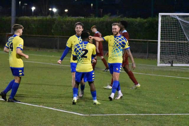 Dynamos' Aaron Berry celebrates his goal with Callum Shortt, Kuda Sagoya and Alfi Touceda v Crawley Green AVD PICTURES BY IAIN WILLCOCKS