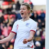 Ellen White celebrates scoring for England on her 100th cap against Austria in their 2023 FIFA Women's World Cup qualifier at Sunderland's Stadium of Light on Saturday (Picture by Stu Forster / Getty Images)