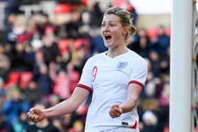 Ellen White celebrates scoring for England on her 100th cap against Austria in their 2023 FIFA Women's World Cup qualifier at Sunderland's Stadium of Light on Saturday (Picture by Stu Forster / Getty Images)