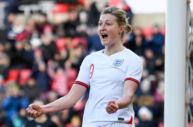 Ellen White celebrates scoring for England on her 100th cap against Austria in their 2023 FIFA Women's World Cup qualifier at Sunderland's Stadium of Light on Saturday (Picture by Stu Forster / Getty Images)