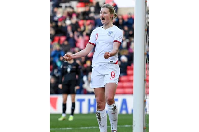 Ellen White celebrating on Saturday after scoring her 45th goal for England against Austria. Her hat-trick against Latvia on Tuesday took her to 48 and the all-time record.  (PIcture by Stu Forster / Getty Images)