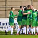 Ducks celebrating Gavin James' goal against Harlow PICTURES BY MIKE SNELL