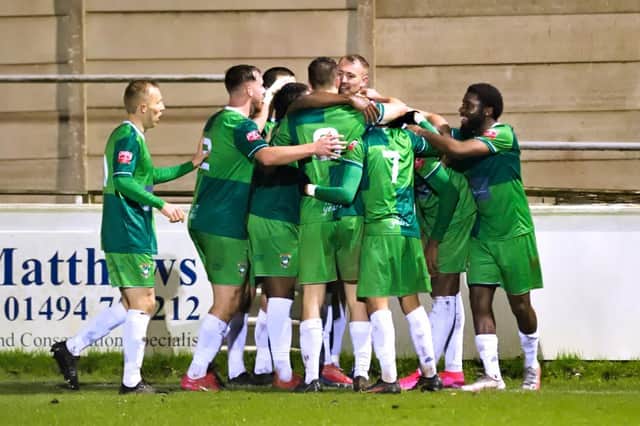 Ducks celebrating Gavin James' goal against Harlow PICTURES BY MIKE SNELL