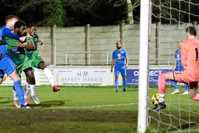 Gavin James scores for Aylesbury United against Harlow
