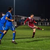 Marcus Mealing scoring Risborough Rangers’ 50th league goal of the season against Oxhey Jets in their 50th game unbeaten  (Picture by Charlie Carter)