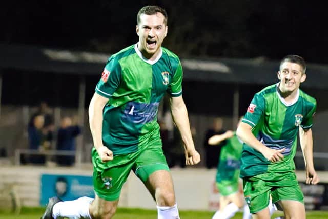 Jordan Jenkins scoring against league leaders Bedford Town last Wednesday