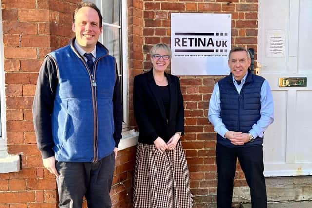 Greg Smith MP, left, meets Retina UK chief executive Tina Houlihan and chair of trustees Martin Kirkup