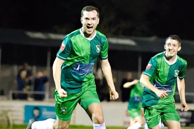 Jordan Jenkins celebrates scoring for Aylesbury United to draw with leaders Bedford Town earlier this month and Ducks will be hoping to make it a happy new year when they play Berkhamsted on Saturday  Picture by Mike Snell