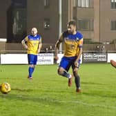 Ezra Anthonio-Forde scoring Aylesbury United's consolation against Berkhamsted (Picture by Mike Snell)