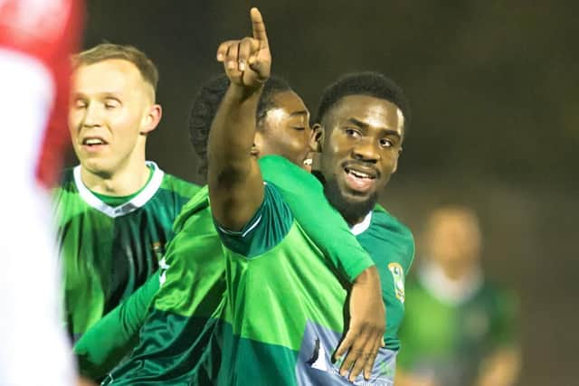 Jaedon Phillips celebrating his first goal for Aylesbury United Ducks v Welwyn Garden City