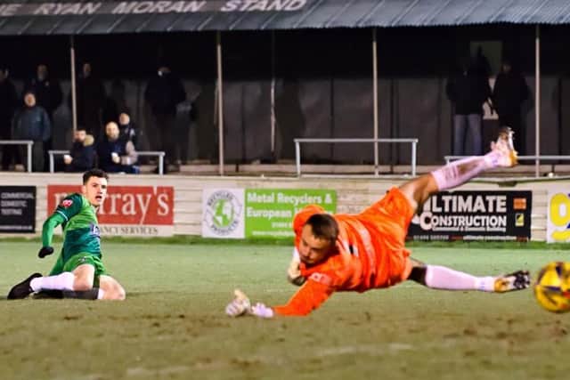 Substitue Anthony Ball immediately made his mark with a goal against Welwyn Garden City after four months out injured     (Pictures by Mike Snell)