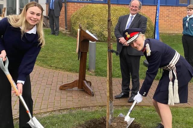 Prof Tooley and Student Union president Caitlin Botha plants a tree with the Lord Lieutenant of Bucks
