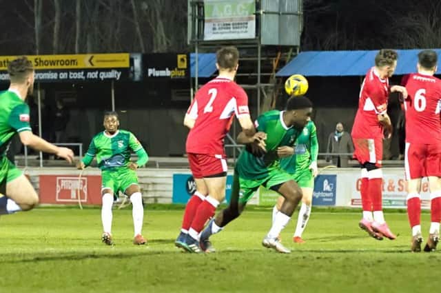 David Ozobia came closest to scoring for Aylesbury United with a freekick against Wantage Town  (Picture by Mike Snell)