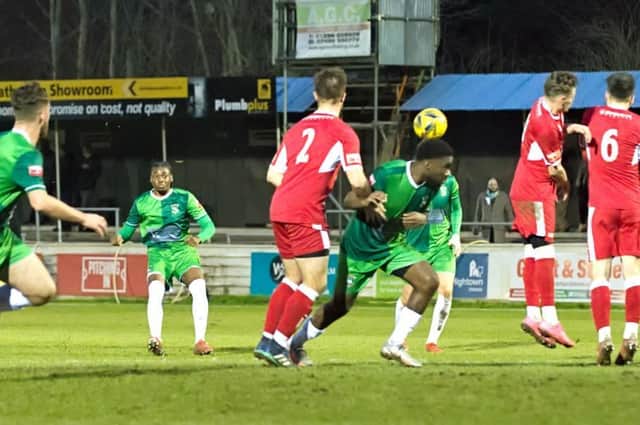 David Ozobia came closest to scoring for Aylesbury United with a freekick against Wantage Town (Picture by Mike Snell)