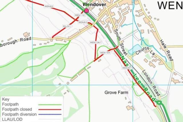 Footpaths labelled in red have been closed by HS2