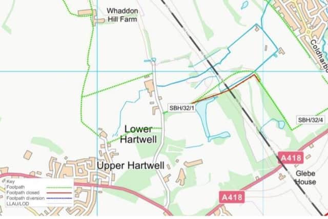 Hartwell footpath closure is represented in dark red