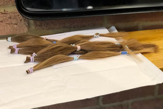 The hair in bunches ready to be sent to The Little Princess Trust