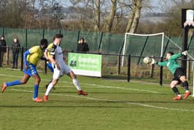 Aylesbury Vale Dynamos in their 1-1 with Harefield United earlier this month, Brian Haule's header well saved   (Picture by Iain Willcocks)