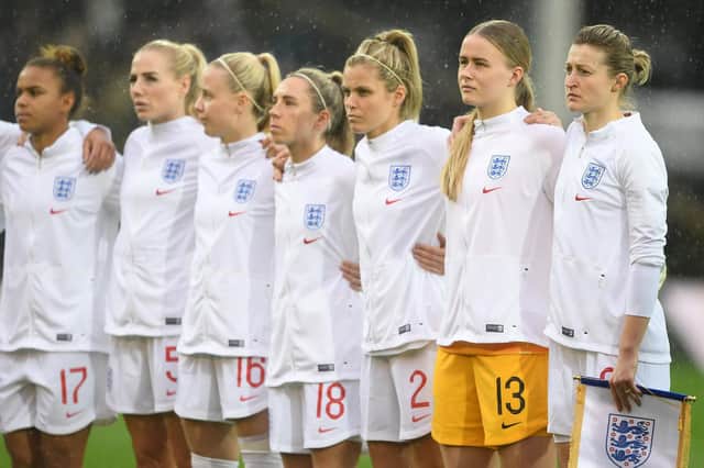 Aylesbury's Ellen White (on right) lines up with the England women's football team for the national anthems at their game against Spain earlier in the week   (Picture Harriet Lander / Getty Images)