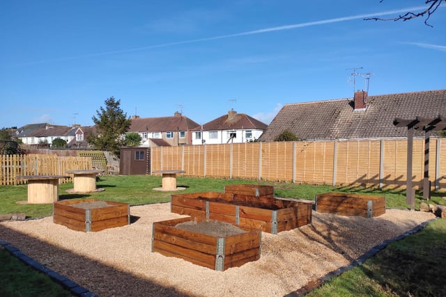 The kitchen raised bed area where the school children can grow food and flowers