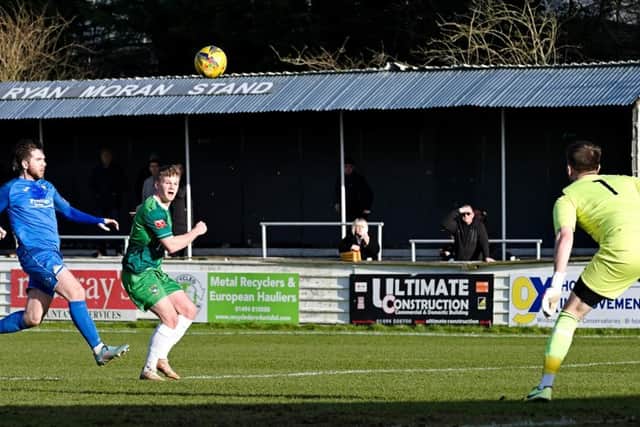 Harry Scott scores for Aylesbury United in their 1-1 draw with AFC Dunstable