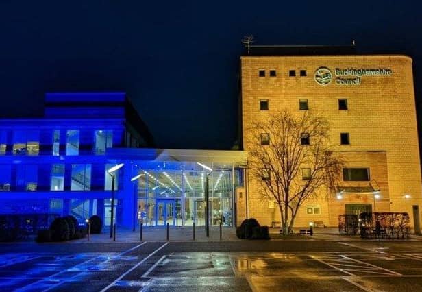 Bucks Council's building in Gateway, Aylesbury, was lit up in Ukrainian colours in a show of support