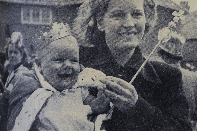 Six-month-old Brendan Snewin dressed as a king for the Ruskin Road fancy dress competition in June 1953