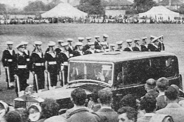 Guard of honour for the mayor and mayoress, accompanied by the Coronation princess and attendants, as they arrived at the Manor Ground for a youth perfomance called The Tribute
