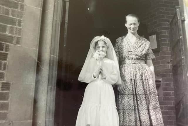 Marussia and her mother Ewa (Eva) Nyznyk, at St Joseph’s RC Church, Aylesbury for Marussia's first holy communication in 1960